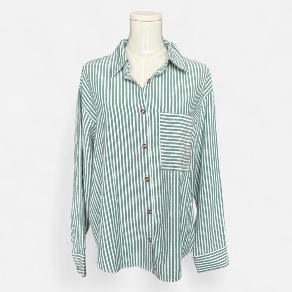 Green and white striped button up shirt
